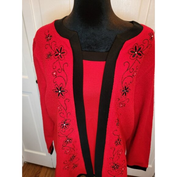 Vintage 90s Red/Black Layered Look Sweater Embroidered Beaded XL Christmas Party - Picture 3 of 7